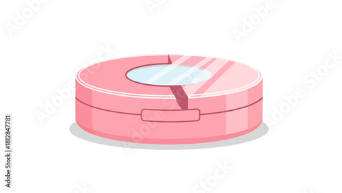 A pink compact with a mirror on a white background