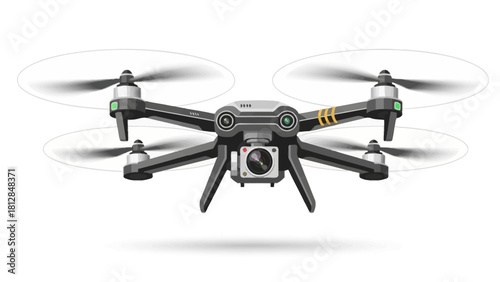 A pixelated illustration of a gray quadcopter drone with a camera