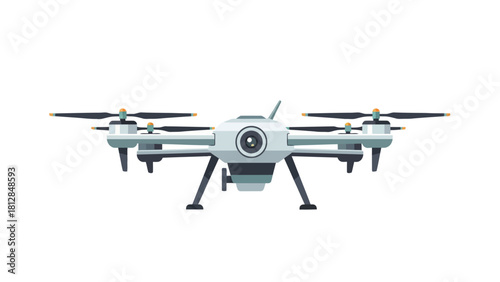 A quadcopter drone with a camera in the center