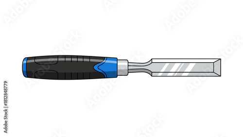 A realistic illustration of a woodworking chisel with a blue and black handle