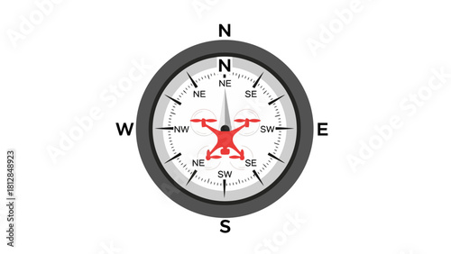 A red drone is centered on a compass with directional markings