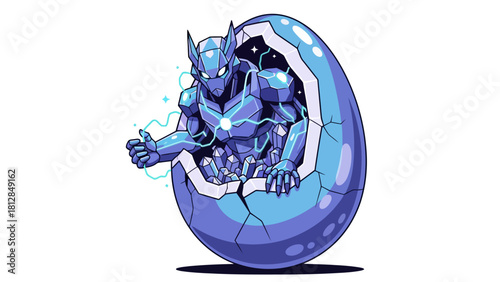 A robotic creature emerges from a cracked crystalline egg