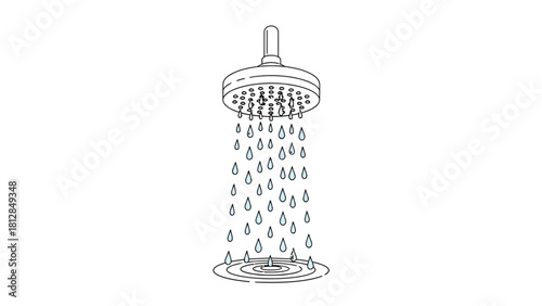 A shower head sprays water droplets onto a drain