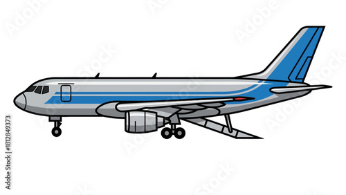 A silver jetliner with blue accents showing landing gear