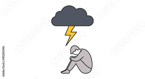 Gray cloud and lightning above a sad seated figure on white background