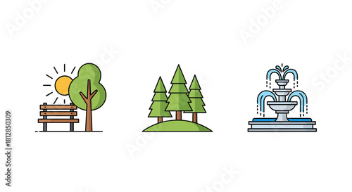 Minimalist park icons: trees, bench, and fountain with colorful outline design