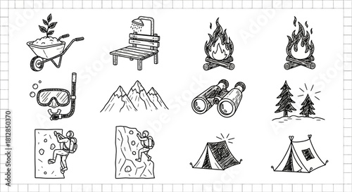 Hand drawn camping and outdoor adventure doodles