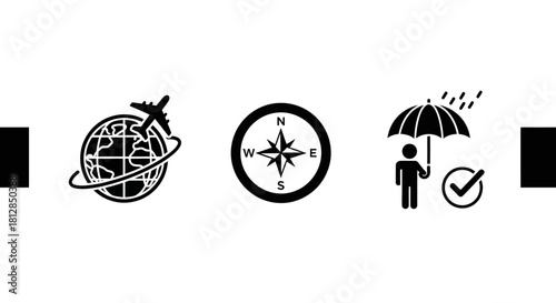 Travel icons: earth with airplane, compass, umbrella with rain and checkmark