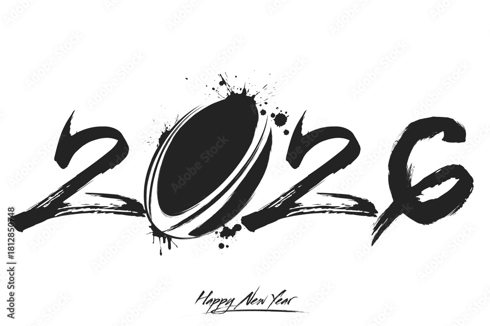 Fototapeta premium Numbers 2026 and a abstract rugby ball made of blots in grunge style. Design text logo Happy New Year 2026. Template for greeting card, banner, poster. Vector illustration on isolated background