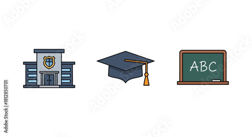 Education icons featuring school building, graduation cap, and blackboard in flat style
