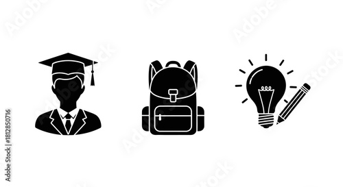 Education icons: graduate silhouette, backpack, creative idea with pencil and light bulb