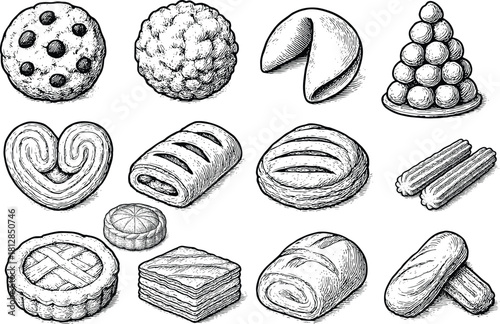 Hand drawn vintage bakery pastry and dessert collection featuring assorted cookies, rolls, churros, cakes and sweet baked treats