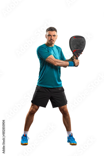 Padel player isolated on white background. Full body view. Open social tour template. Paddle tennis template for social media design with copy space.