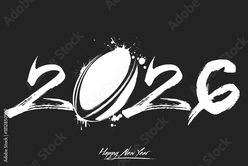 Numbers 2026 and a abstract rugby ball made of blots in grunge style. Design text logo Happy New Year 2026. Template for greeting card, banner, poster. Vector illustration on isolated background