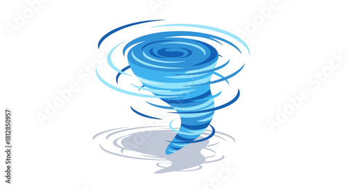 Spiraling blue tornado with whirling motion and shadow in flat design