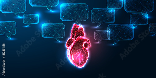 Futuristic digital heart and speech bubbles representing AI cardiology and emotional communication