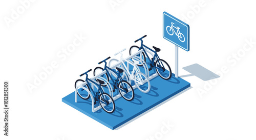 Isometric bicycle parking with blue and white bicycles and sign on a white background