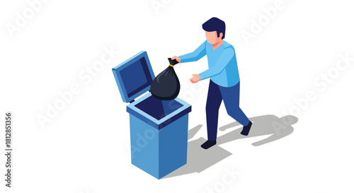 Isometric man throwing trash in bin with shadow on white background