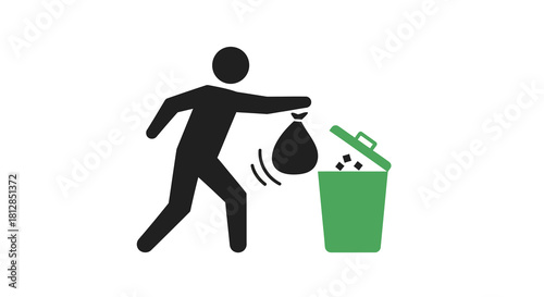 Minimalist icon of person disposing trash in green bin on white background