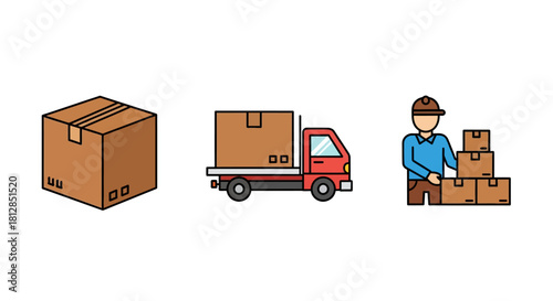 Delivery and logistics icons: box, truck, worker in flat style