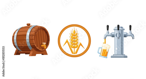 Craft beer icons with barrel, wheat, and tap dispenser in cartoon style