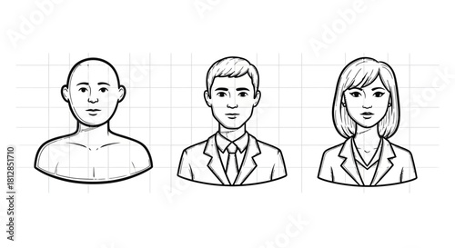 Professional line art portraits of business people in suits on graph paper background