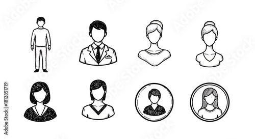 Simple black and white hand-drawn avatar icons for diverse business profiles