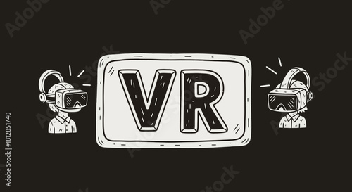 Virtual reality technology doodle with vr headsets and lettering on black background