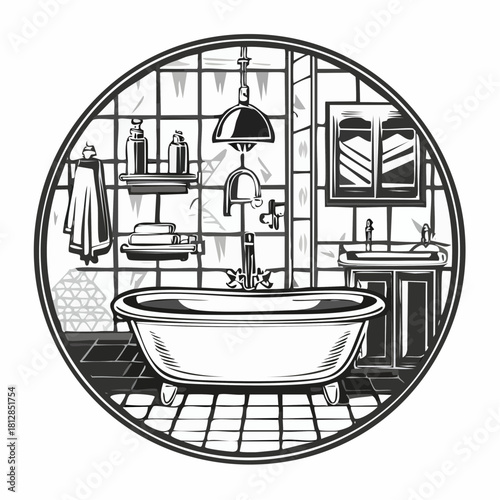 Vintage engraved style bathroom interior illustration inside a circle featuring a clawfoot tub, tiled floor, window, and shower fixtures in black and white.