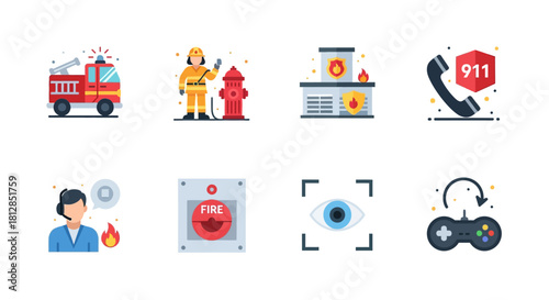 Emergency response icons featuring firefighter, fire truck, and safety symbols in flat design