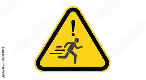 Caution sign with running figure and exclamation mark in yellow triangle