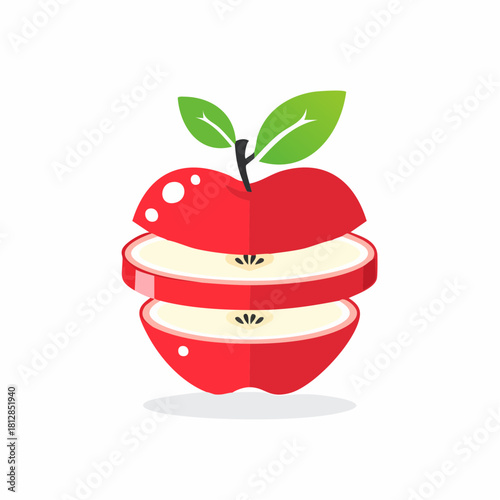 Vector illustration of a red apple sliced horizontally into floating layers, revealing the white flesh and seeds inside.
