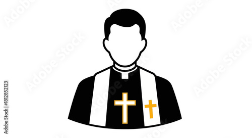 Minimalist portrait of clergy with cross symbols in black and white