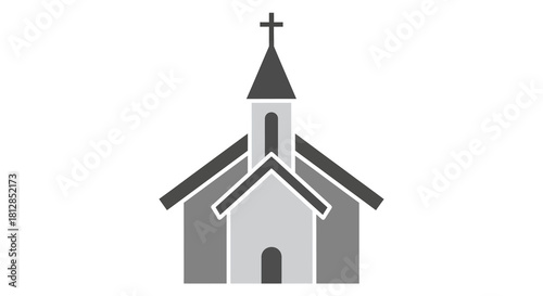 Minimalist gray church icon with cross on steeple in monochrome style