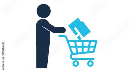 Simplified shopping symbol: person with cart and bags
