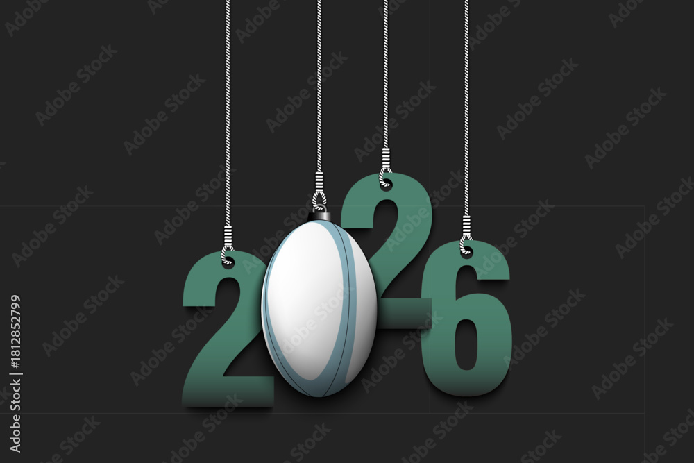 Naklejka premium Numbers 2026 and rugby ball as a Christmas decorations are hanging on strings. New Year 2026 are hang on cords. Template design for greeting card. Vector illustration on isolated background