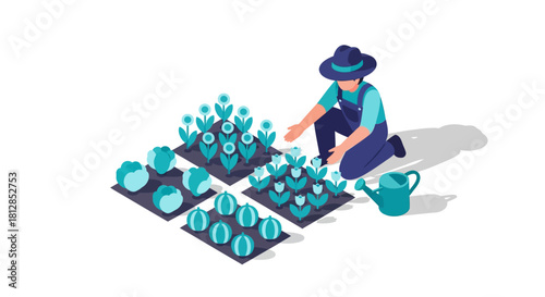 Isometric gardening with farmer planting vegetables and watering plants