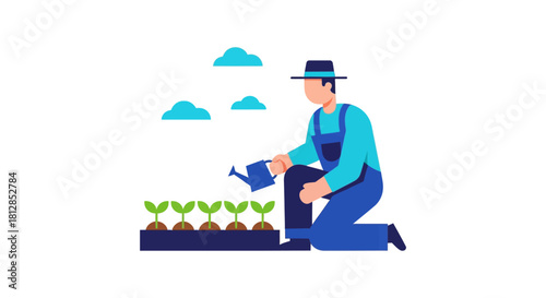 Gardener watering seedlings in flat design with blue outfit and hat