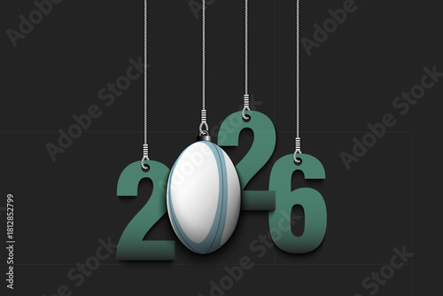 Numbers 2026 and rugby ball as a Christmas decorations are hanging on strings. New Year 2026 are hang on cords. Template design for greeting card. Vector illustration on isolated background