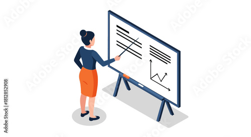 Businesswoman presenting data on board with graphs in isometric style
