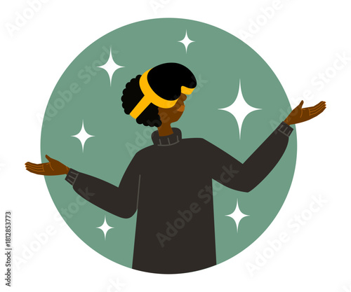 A Young Man, Wearing A Virtual Reality Headset Within Circular Background, Arms Outstretched, Surprise Or Wonder Gesture, Sparkling Stars Around Him. People And Technology Concepts.