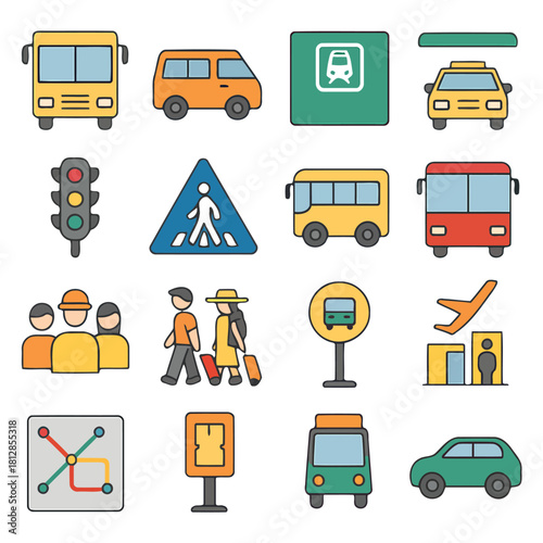 City Transport Icon Set: A vibrant collection of transport icons representing various modes of transportation and essential urban elements, designed to enhance user interfaces, presentations.
