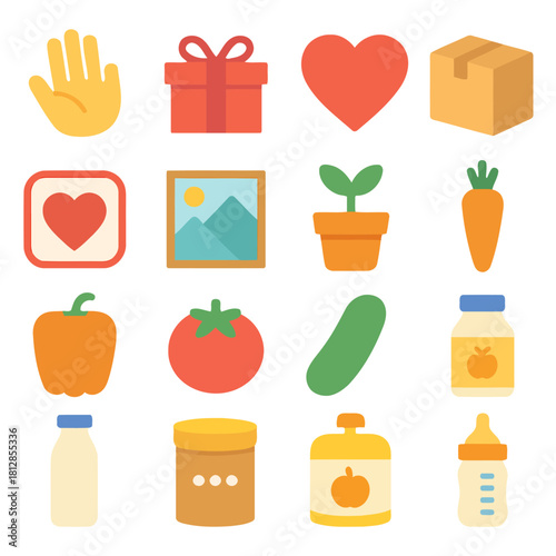 Healthy Lifestyle and Kindness Icons: A collection of vibrant icons symbolizing various aspects of a balanced lifestyle and acts of kindness, perfect for conveying messages of health, generosity.