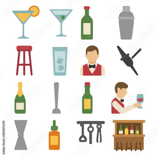 Bar Essentials Collection: A vibrant collection of bar essentials and tools, meticulously arranged to capture the essence of cocktail crafting and service, a visual symphony of the bar.