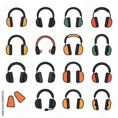 Diverse Array of Headphones: A vibrant collection of headphones in various styles and colors, perfect for music lovers and audio enthusiasts. Showcasing design and versatility.