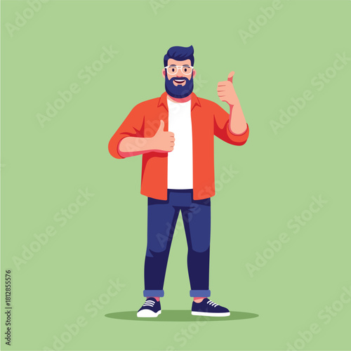 Bearded Man Giving Thumbs Up and Call Me Hand Gesture.