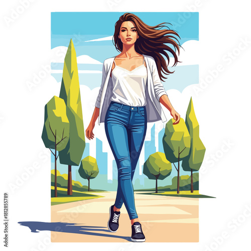 A confident young woman with flowing hair walks through a park on a sunny day dressed in casual attire.