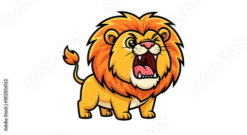 A cartoon illustration of a fierce-looking lion with its mouth wide open, roaring.