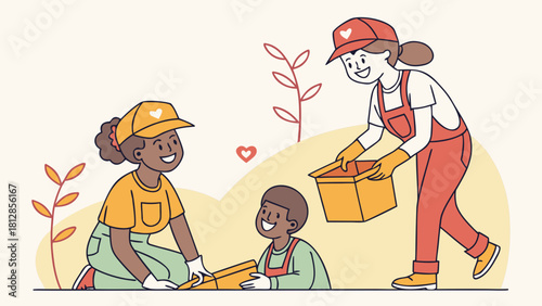Community volunteer work illustration featuring people helping and donating together for a good cause