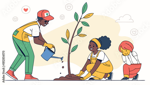 Planting trees with family a vector illustration for environmental awareness and community involvement is great